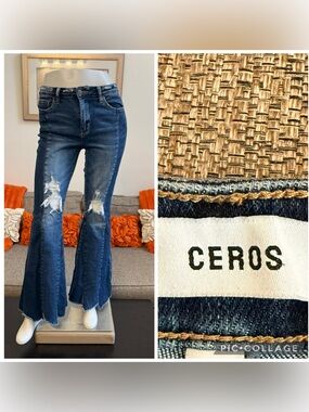 ❣️Ceros Dark Indigo Two-Tone Distressed Flare Jeans❣️